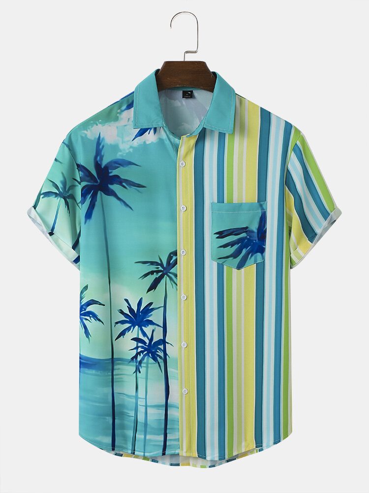 Herre Coconut Tree Striped Print Patchwork Brystlomme Pustende Skjorter