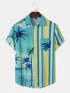 Herre Coconut Tree Striped Print Patchwork Brystlomme Pustende Skjorter