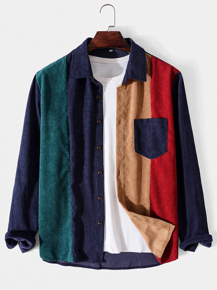 Herre Corduroy Color Block Brystlomme-knapp Fritidsskjorter