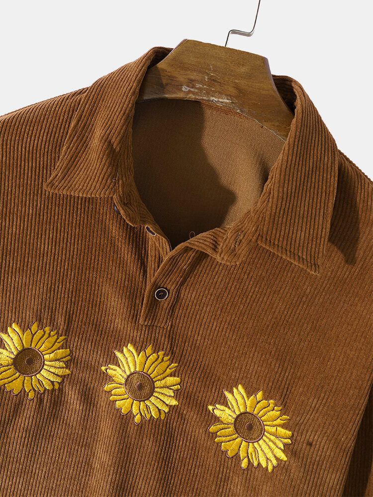 Herre Corduroy Daisy Broderi Ensfargede Blomster Skjorter Med Lange Ermer Med Knapper