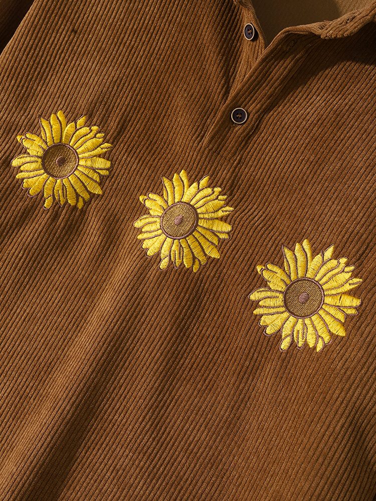 Herre Corduroy Daisy Broderi Ensfargede Blomster Skjorter Med Lange Ermer Med Knapper