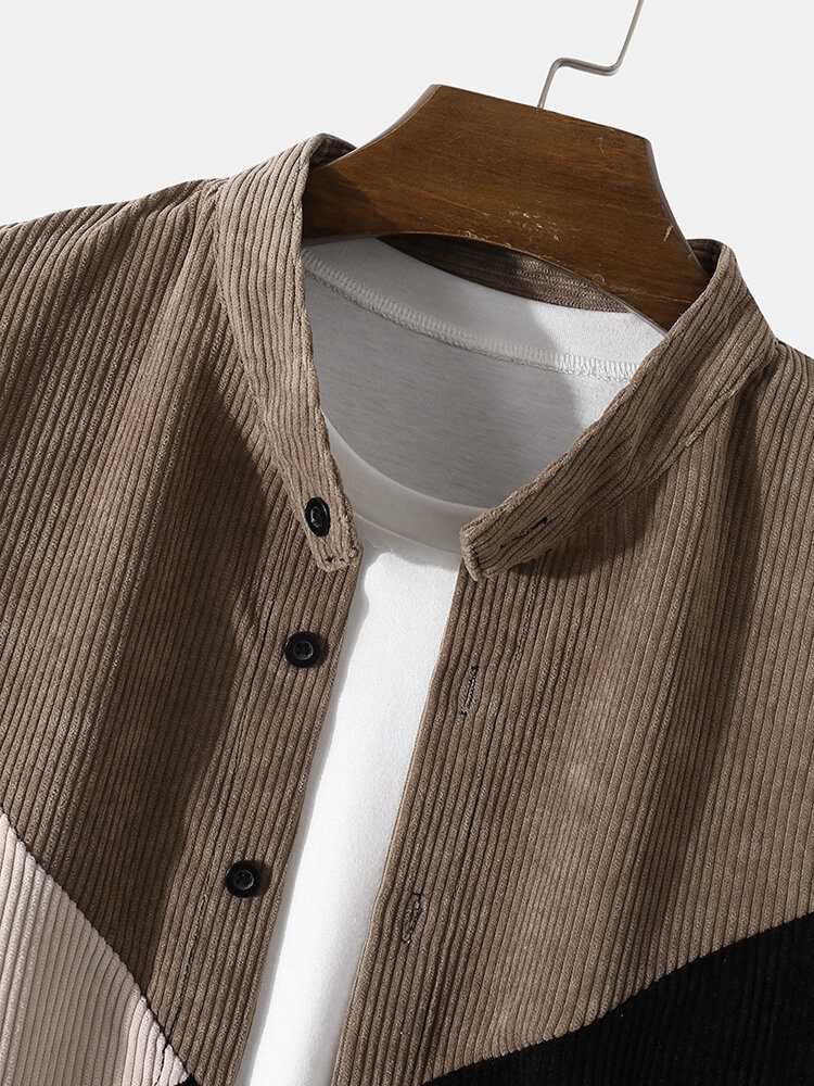 Herre Corduroy Patchwork Contrast Stand Collar Casual Skjorter