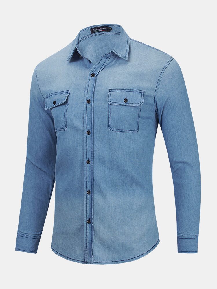 Herre Denim Brystlommer Button Up Uformelle Skjorter Med Lange Armer