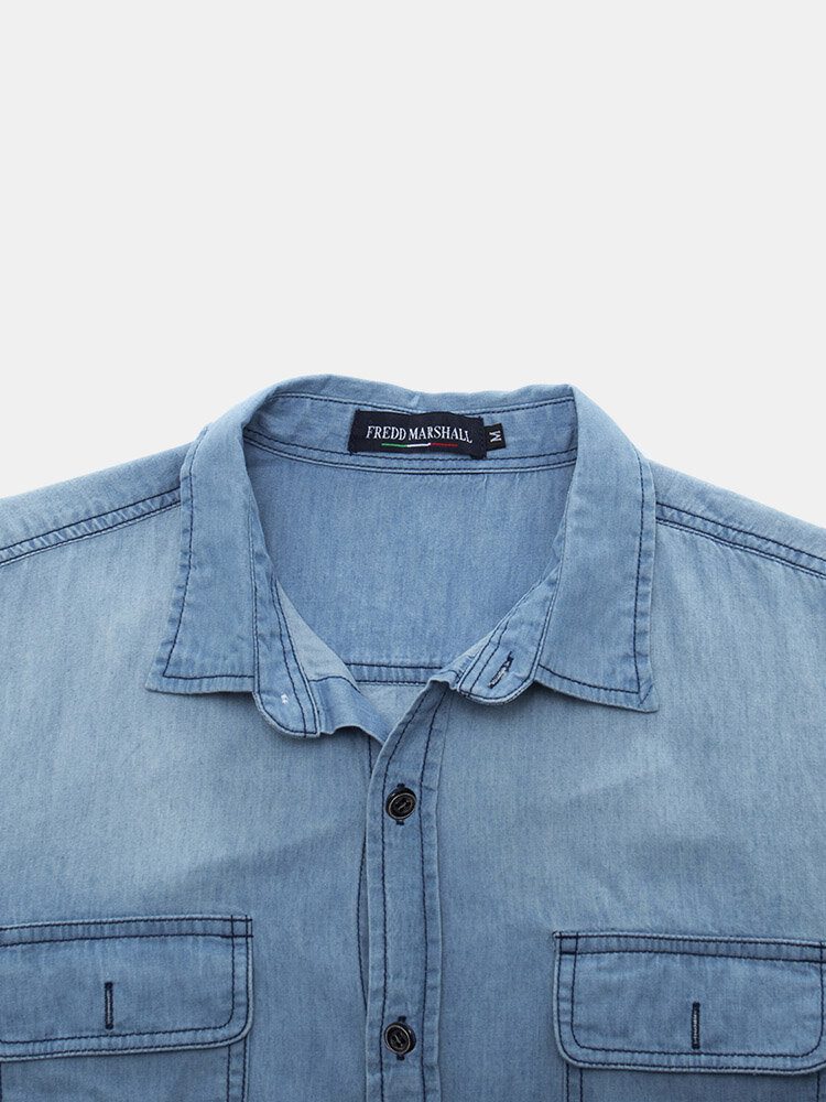 Herre Denim Brystlommer Button Up Uformelle Skjorter Med Lange Armer