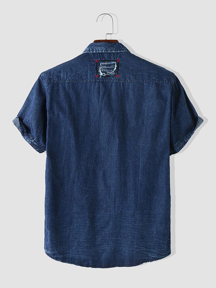 Herre Denim Flate Pocket Ensfarget Knapp Med Korte Ermer Fritidsskjorter