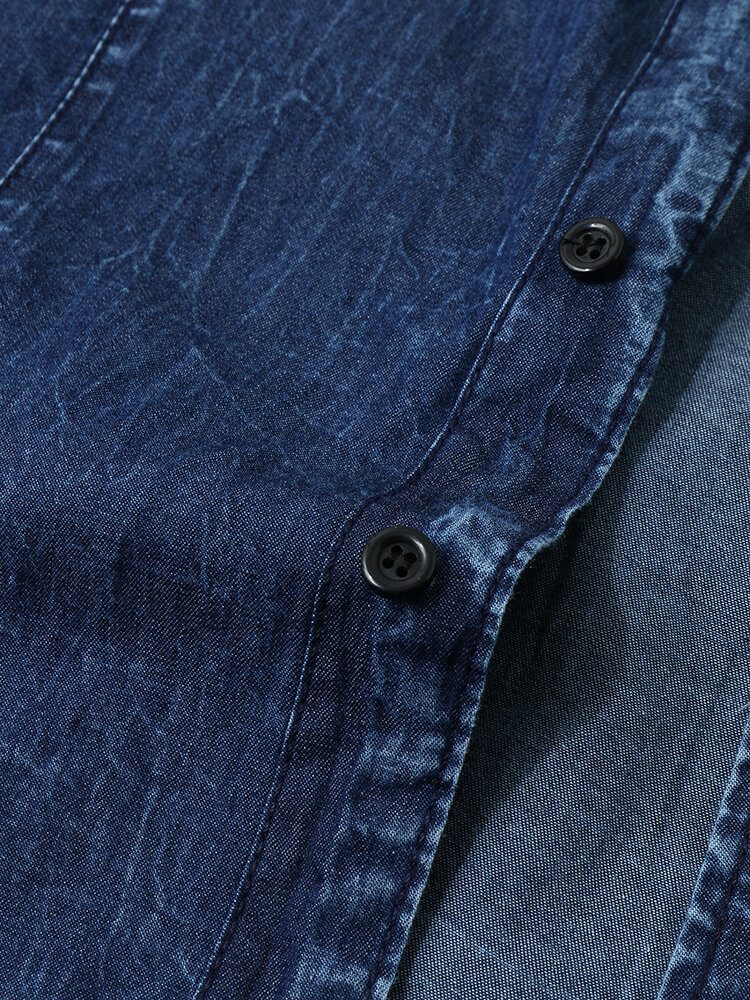 Herre Denim Flate Pocket Ensfarget Knapp Med Korte Ermer Fritidsskjorter