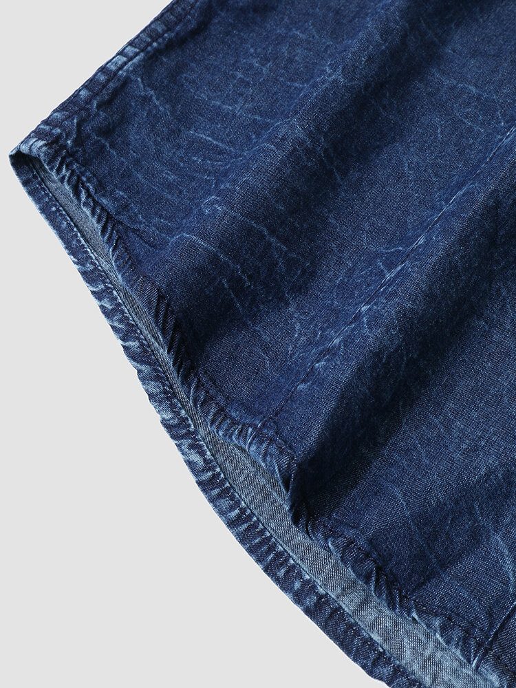 Herre Denim Flate Pocket Ensfarget Knapp Med Korte Ermer Fritidsskjorter