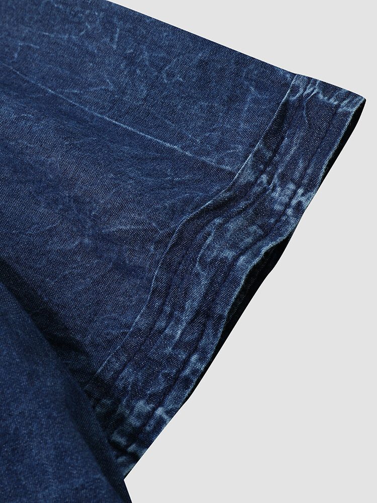 Herre Denim Flate Pocket Ensfarget Knapp Med Korte Ermer Fritidsskjorter