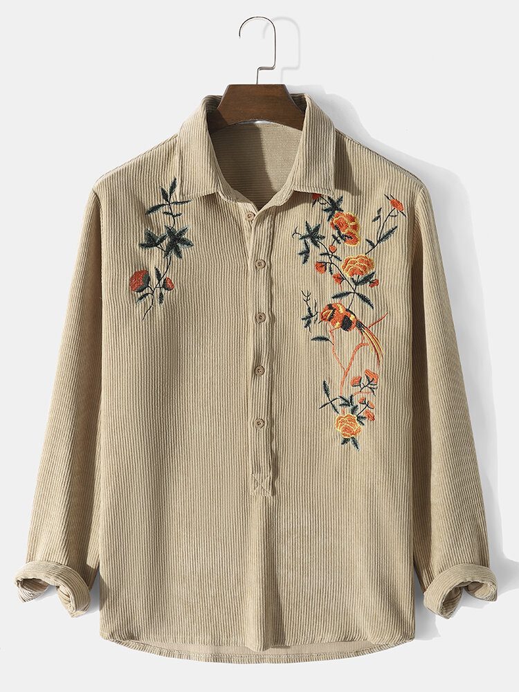 Herre Ensfarget Broderi Floral Corduroy Langermede Knapper Uformelle Henley-skjorter