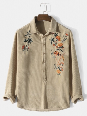 Herre Ensfarget Broderi Floral Corduroy Langermede Knapper Uformelle Henley-skjorter