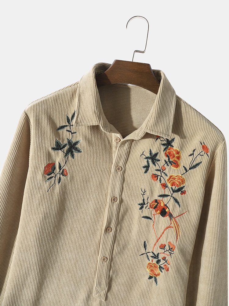 Herre Ensfarget Broderi Floral Corduroy Langermede Knapper Uformelle Henley-skjorter