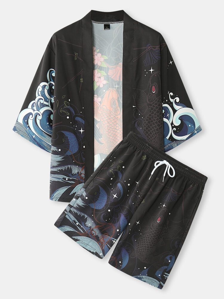 Herre Fish Cherry Blossoms Koi Back Print Kimono Japansk Todelt Antrekk