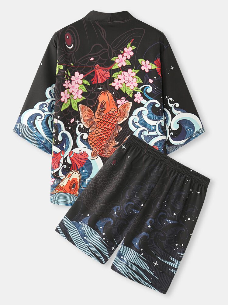 Herre Fish Cherry Blossoms Koi Back Print Kimono Japansk Todelt Antrekk