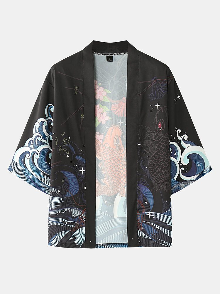 Herre Fish Cherry Blossoms Koi Back Print Kimono Japansk Todelt Antrekk