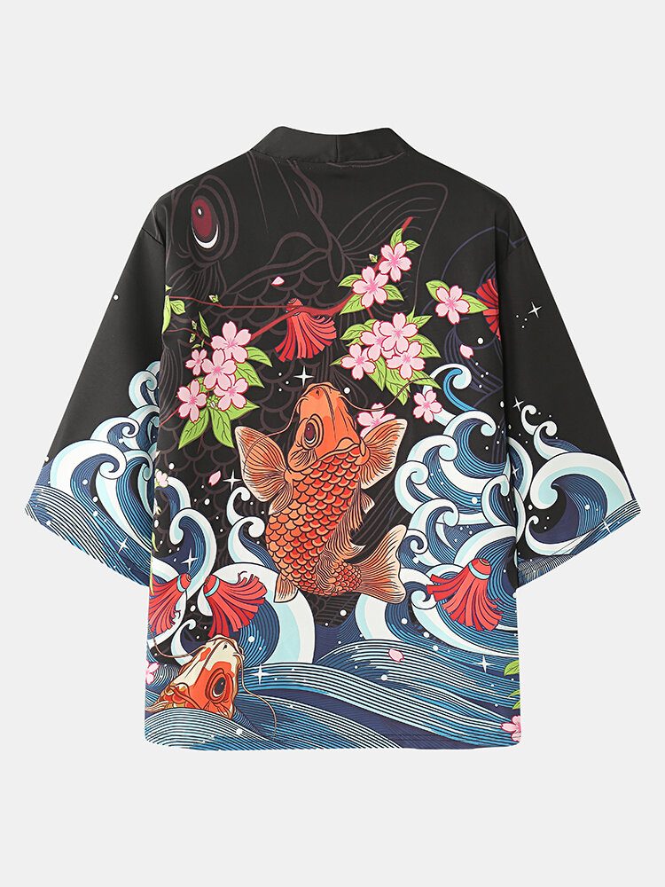 Herre Fish Cherry Blossoms Koi Back Print Kimono Japansk Todelt Antrekk