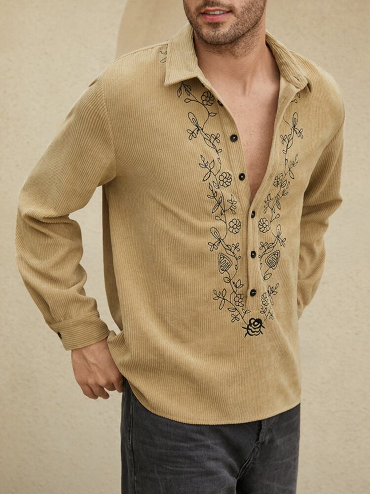 Herre Floral Corduroy Ensfargede Knapper Langermet Casual Henley-skjorter