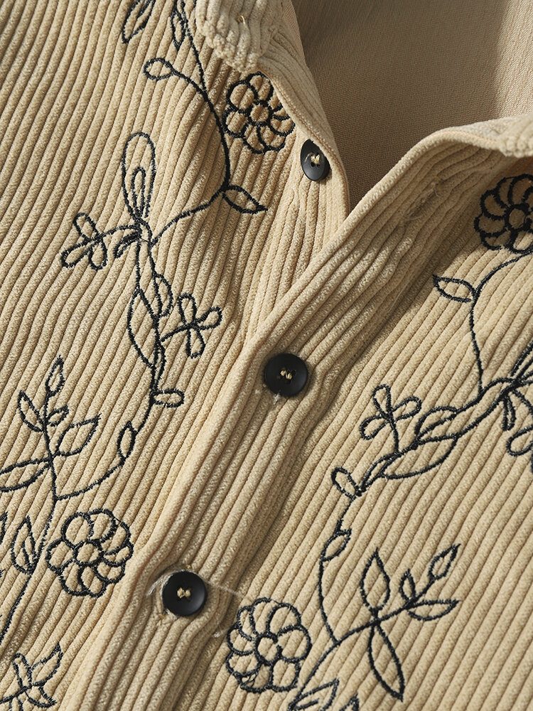 Herre Floral Corduroy Ensfargede Knapper Langermet Casual Henley-skjorter