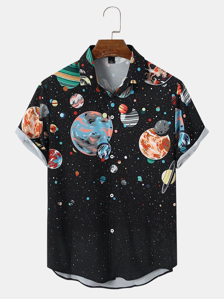 Herre Galaxy Planet Print Svarte Lapelskjorter