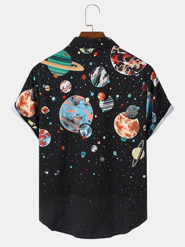 Herre Galaxy Planet Print Svarte Lapelskjorter