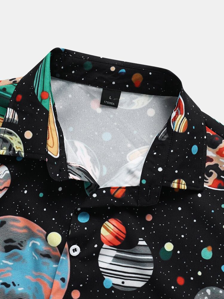 Herre Galaxy Planet Print Svarte Lapelskjorter