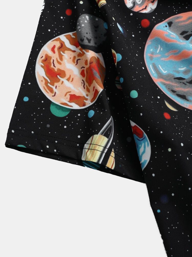 Herre Galaxy Planet Print Svarte Lapelskjorter