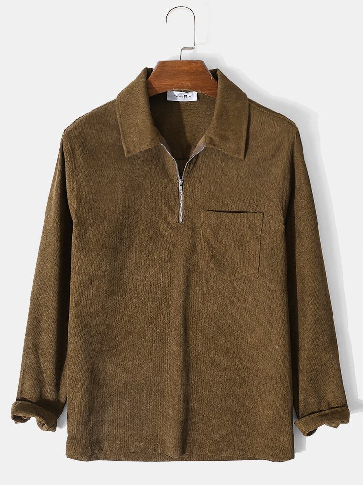 Herre Halvglidelås Pocket Pullover Corduroy Skjorte