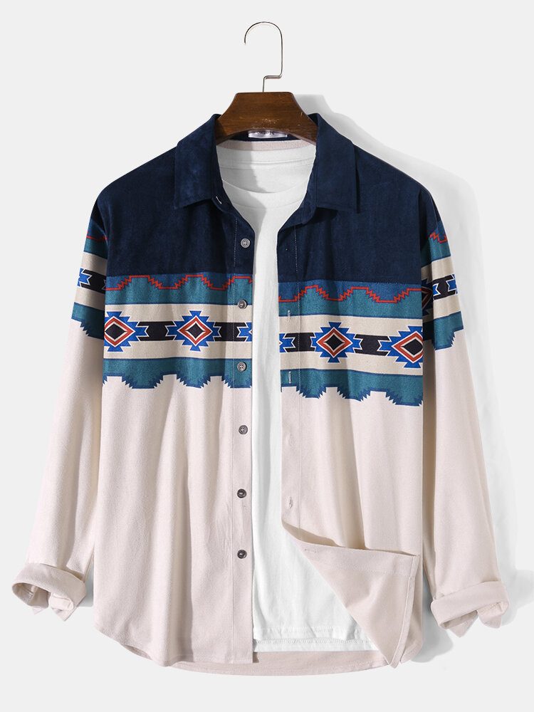 Herre Kontrast Geo Print Faux Suede Button Up Uformelle Skjorter Med Lange Armer