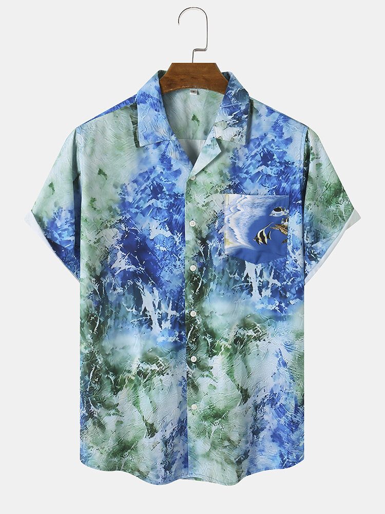 Herre Ocean Waves Print Spleisede Hawaiian Holiday Shirts Med Enkelt Brystlomme