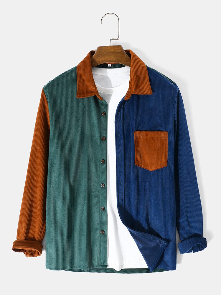 Herre Patchwork Color Block Pocket Corduroy-skjorte