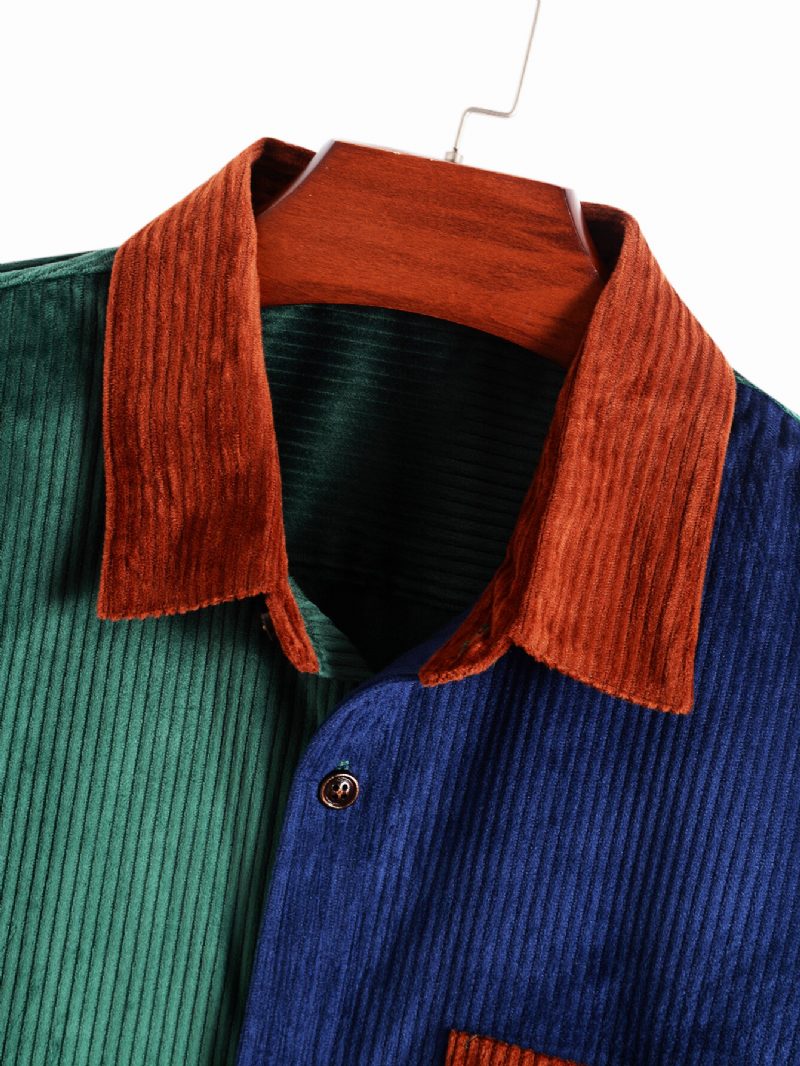 Herre Patchwork Color Block Pocket Corduroy-skjorte