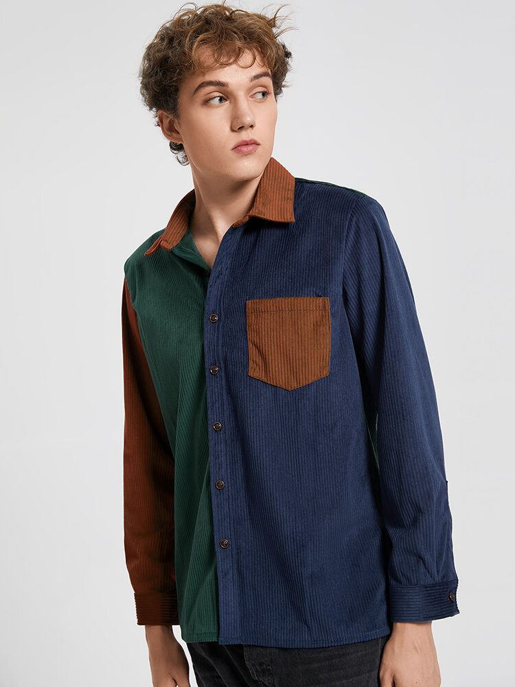 Herre Patchwork Color Block Pocket Corduroy-skjorte