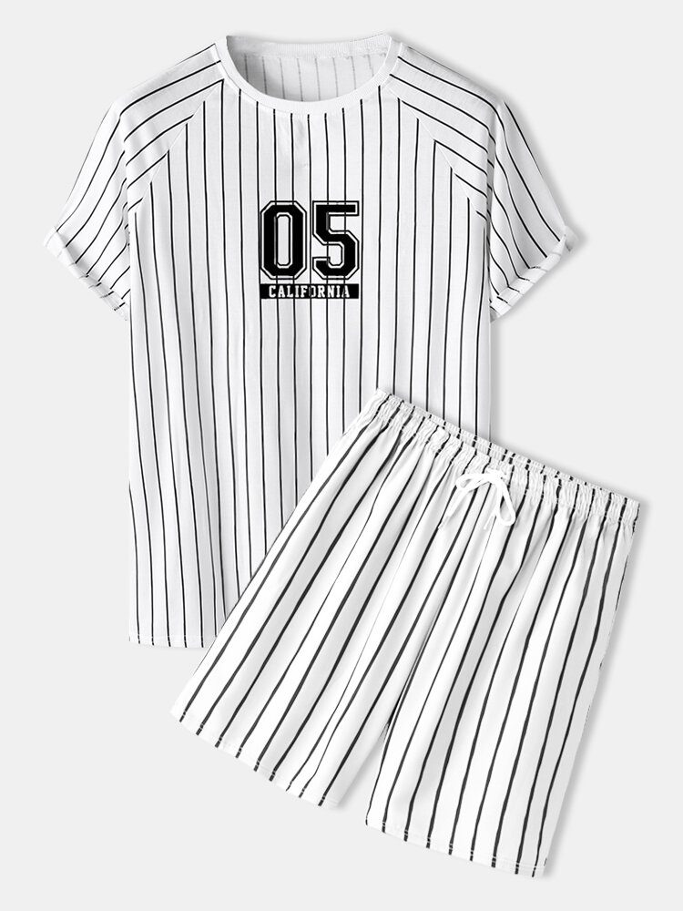 Herre Stripe Number Print Raglan Sleeve Varsity Skjorter Shorts