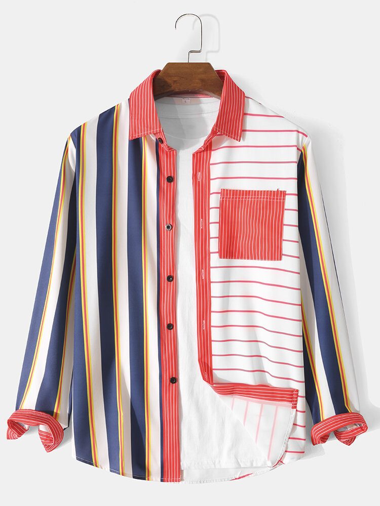 Herre Stripe Patchwork Button Up Uformelle Skjorter Med Lange Armer