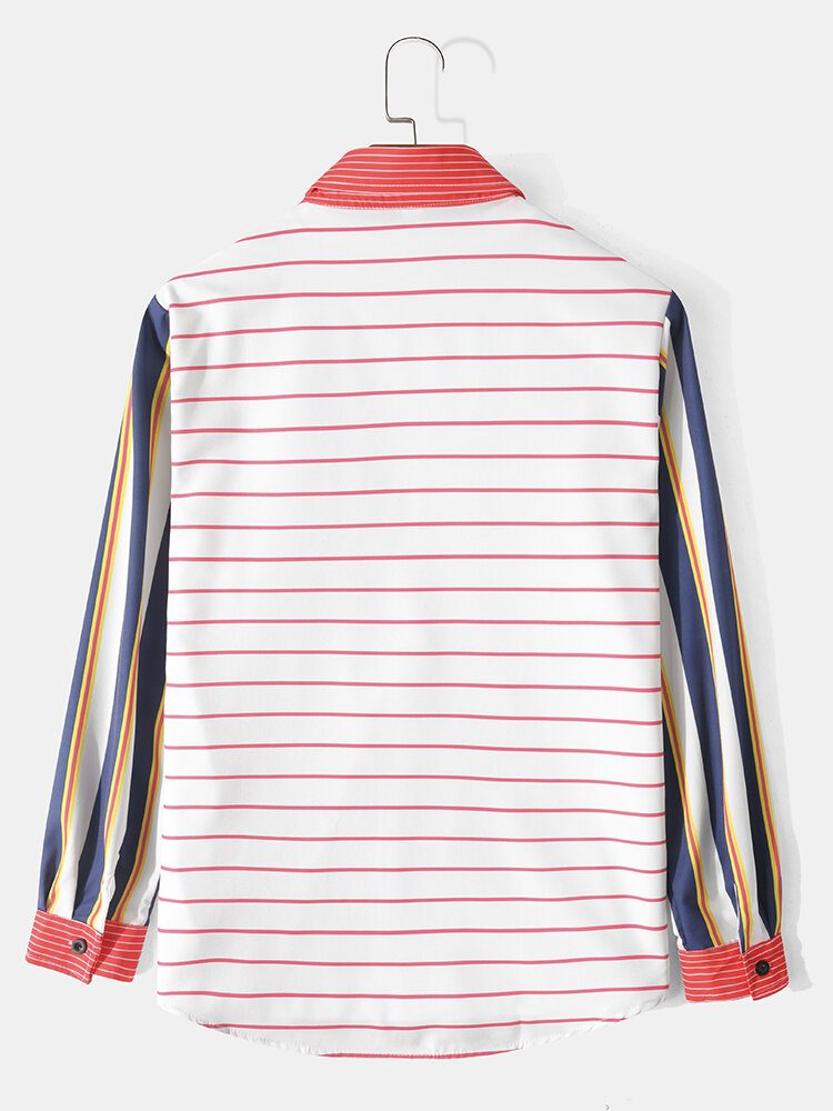 Herre Stripe Patchwork Button Up Uformelle Skjorter Med Lange Armer