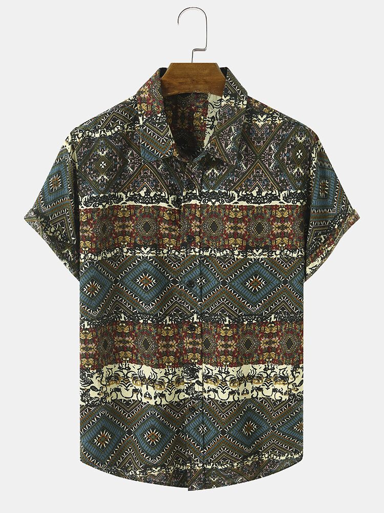 Herre Tribal Print Patchwork Lapel Button Up Hem Mansjett Fritidsskjorter