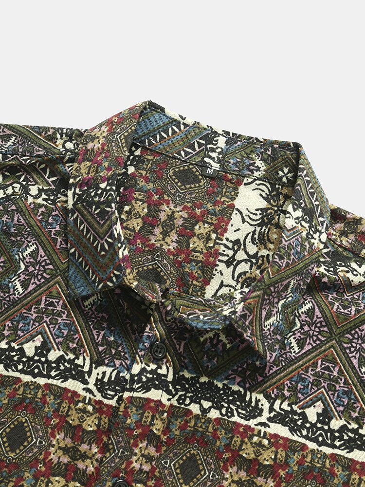 Herre Tribal Print Patchwork Lapel Button Up Hem Mansjett Fritidsskjorter