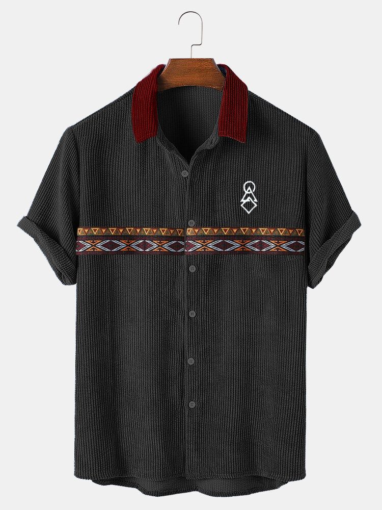 Herre Tribal Print Patchwork Ribbed Button Up Kortermede Skjorter