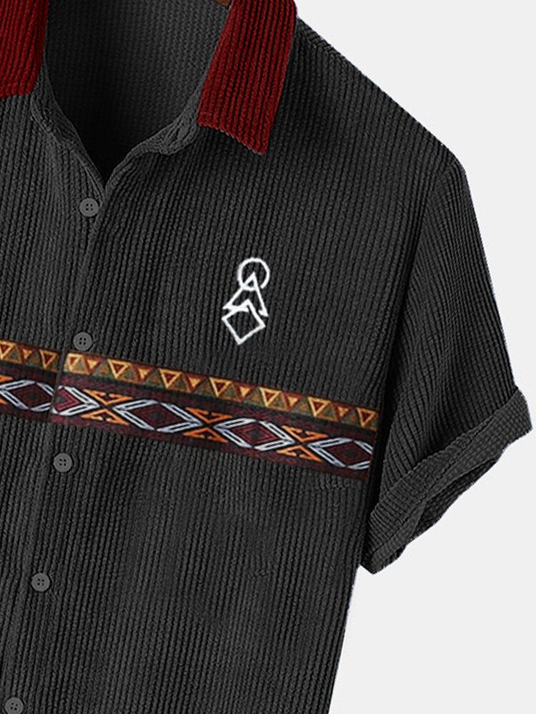 Herre Tribal Print Patchwork Ribbed Button Up Kortermede Skjorter