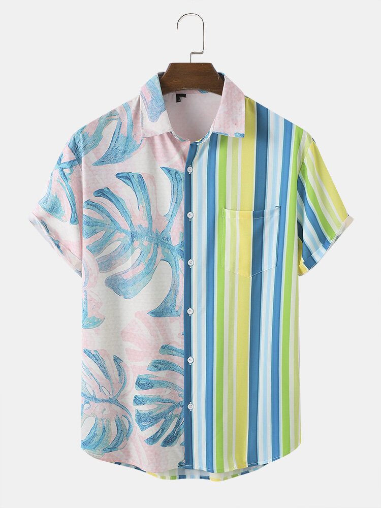 Herre Tropical Leaf Striped Print Two Tone Lifeful Single Pocket Myke Pustende Skjorter