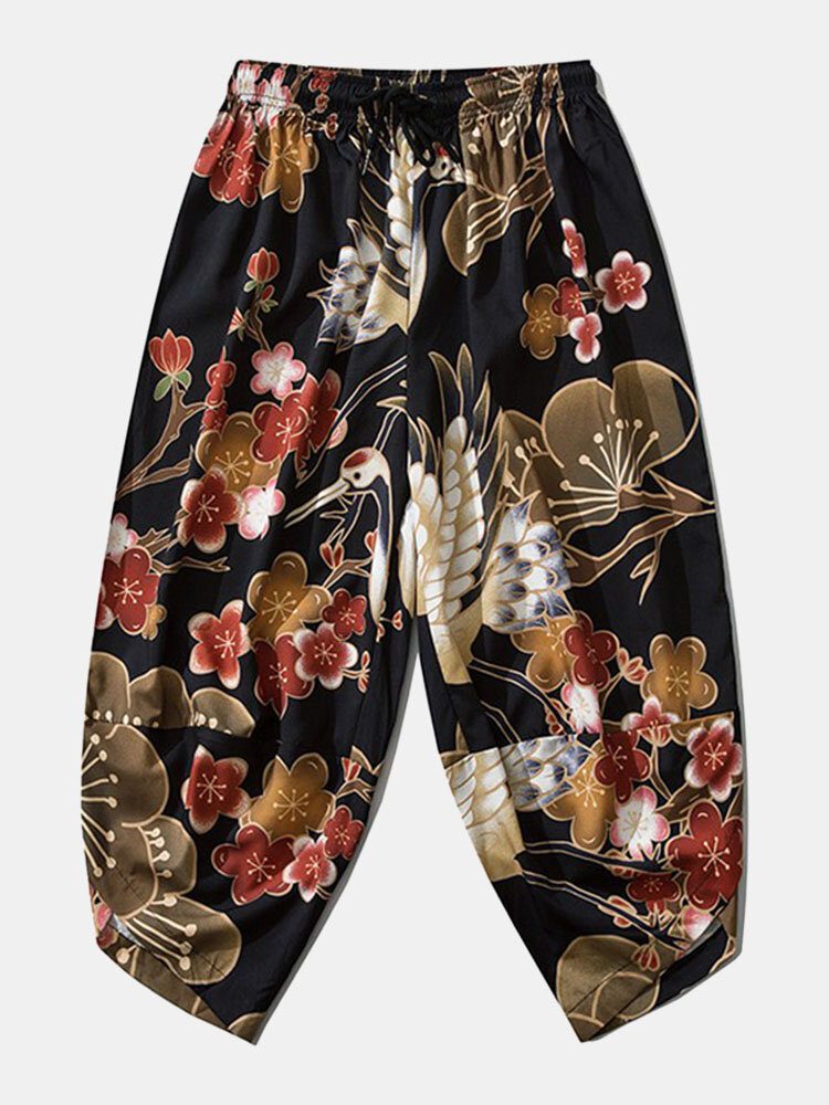 Japansk Kimono Crane Flower Print Open Front Pants Co-ords