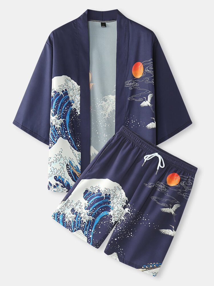 Japansk Kimono Wave For Menn Koi Ukiyoe Back Print Todelt Antrekk