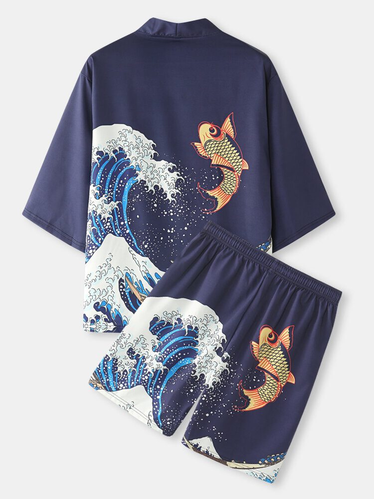 Japansk Kimono Wave For Menn Koi Ukiyoe Back Print Todelt Antrekk