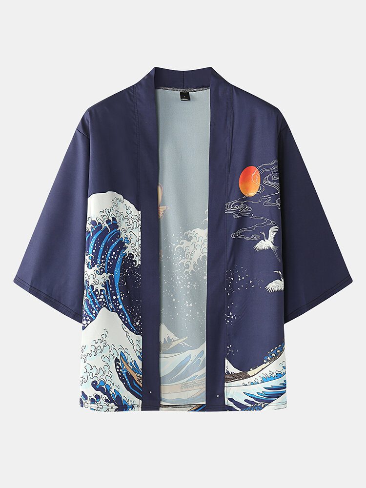 Japansk Kimono Wave For Menn Koi Ukiyoe Back Print Todelt Antrekk