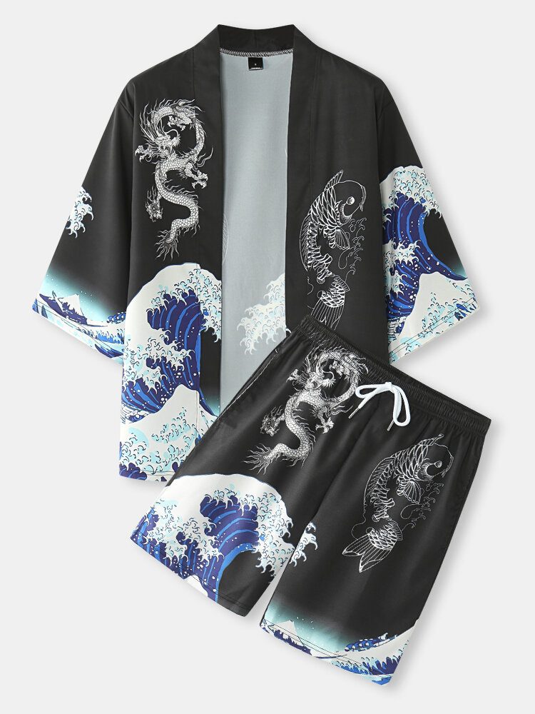 Japansk Stil Wave Koi Ukiyoe-trykk Kimono-antrekk I To Deler