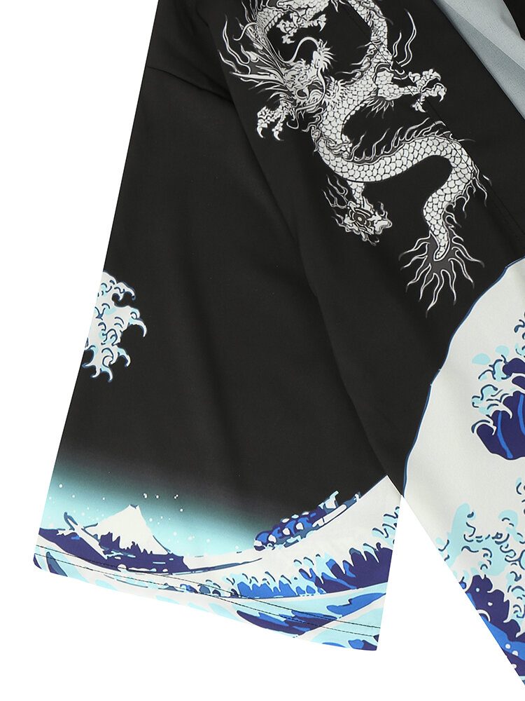 Japansk Stil Wave Koi Ukiyoe-trykk Kimono-antrekk I To Deler