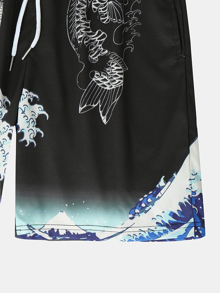 Japansk Stil Wave Koi Ukiyoe-trykk Kimono-antrekk I To Deler