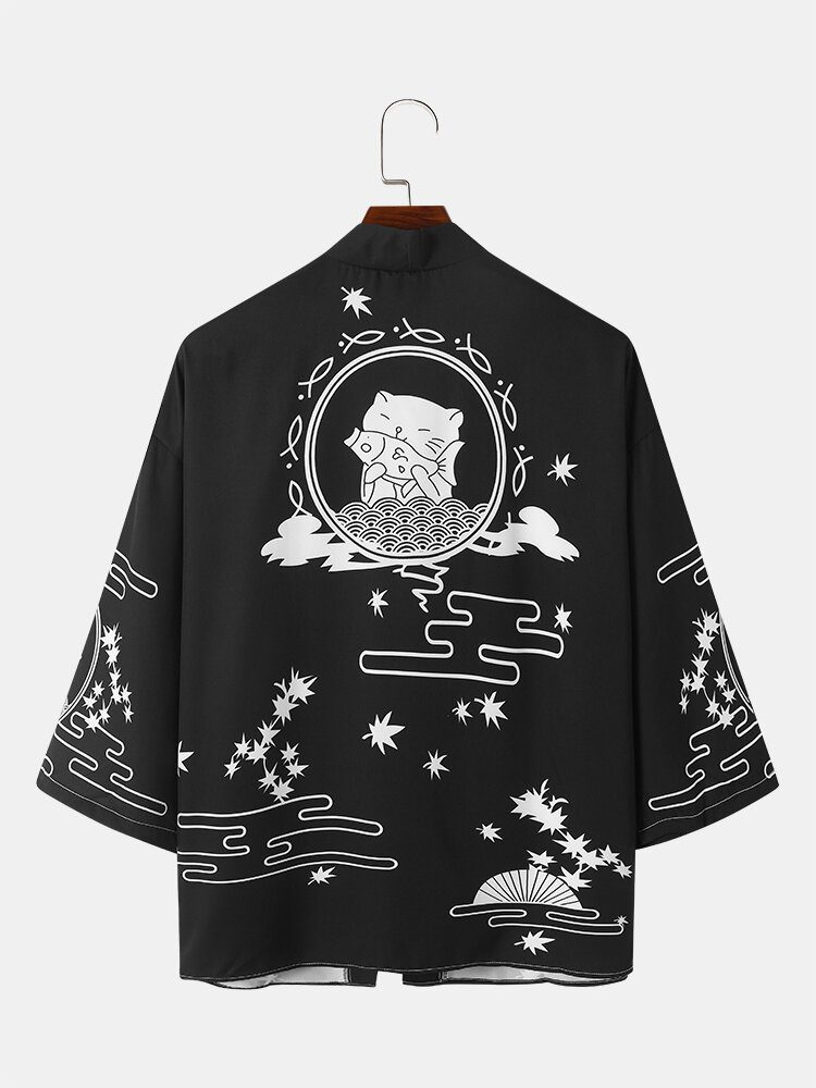 Kattetrykk I Japansk Stil For Menn Åpen Foran Løs Kimono