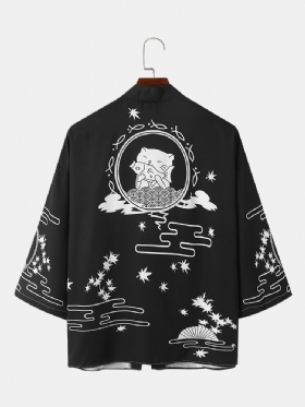 Kattetrykk I Japansk Stil For Menn Åpen Foran Løs Kimono