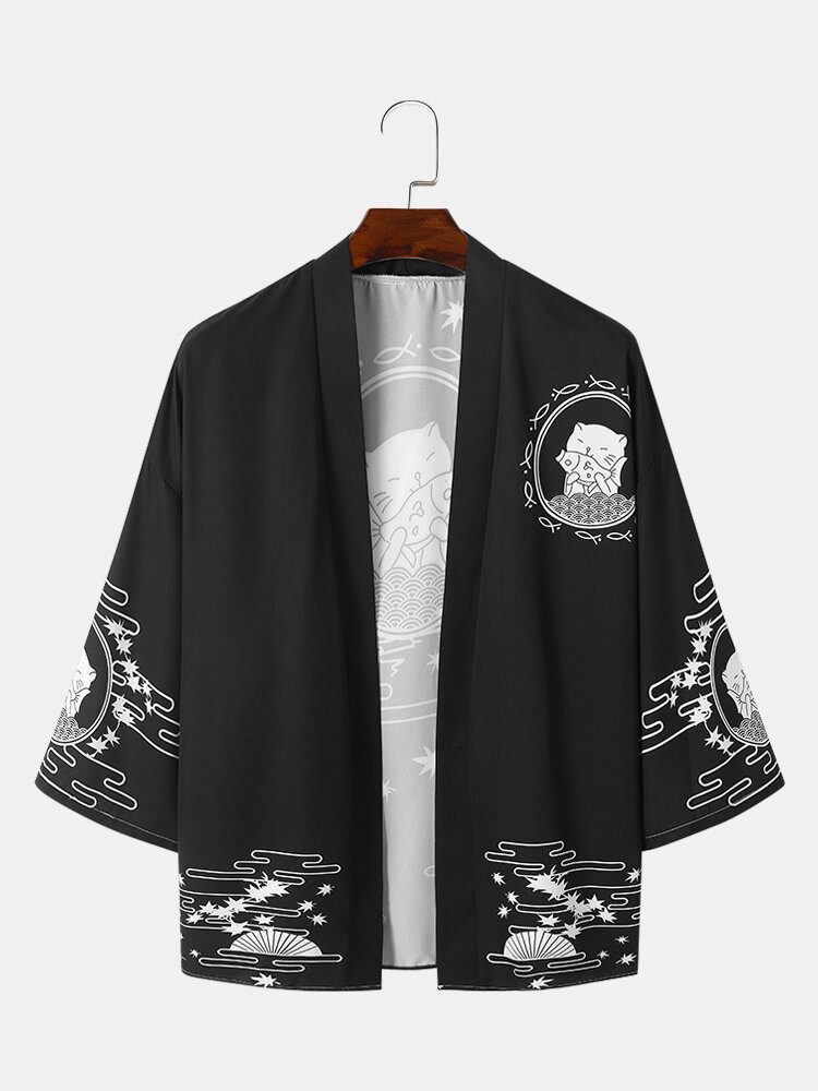 Kattetrykk I Japansk Stil For Menn Åpen Foran Løs Kimono