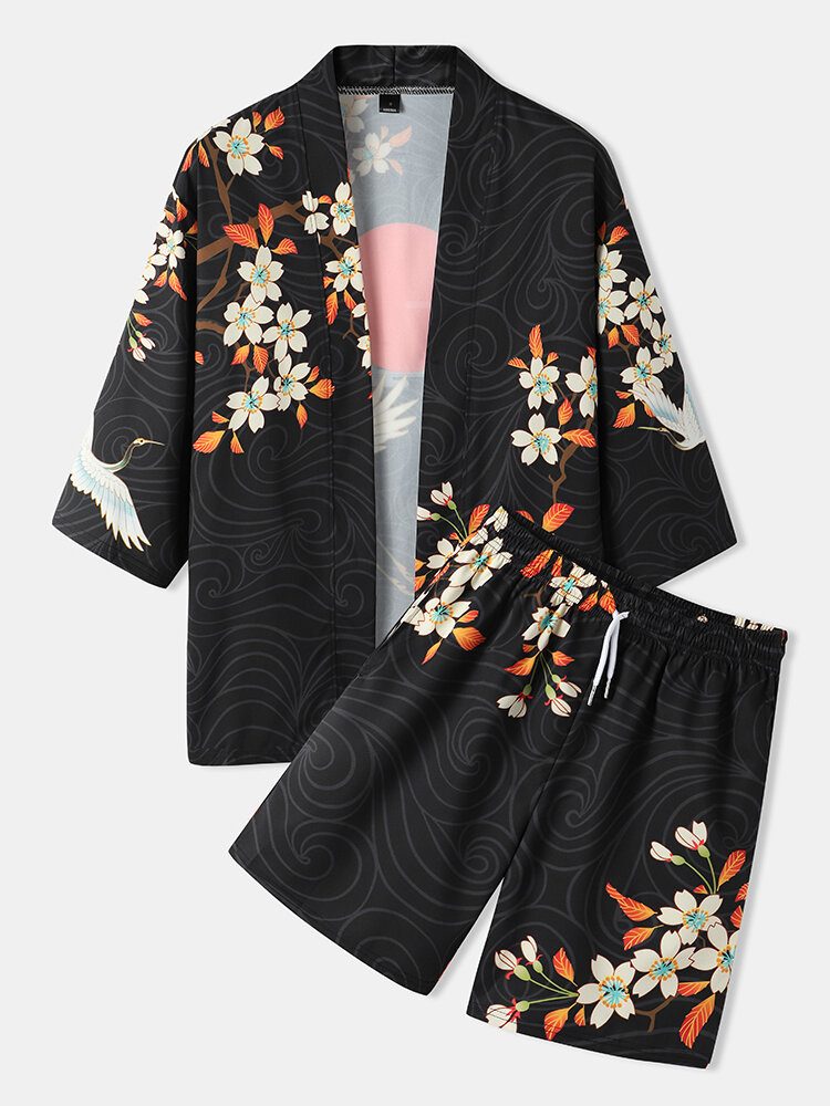 Kimono Blomsterkranetrykk For Menn Åpen Foran Todelt Antrekk